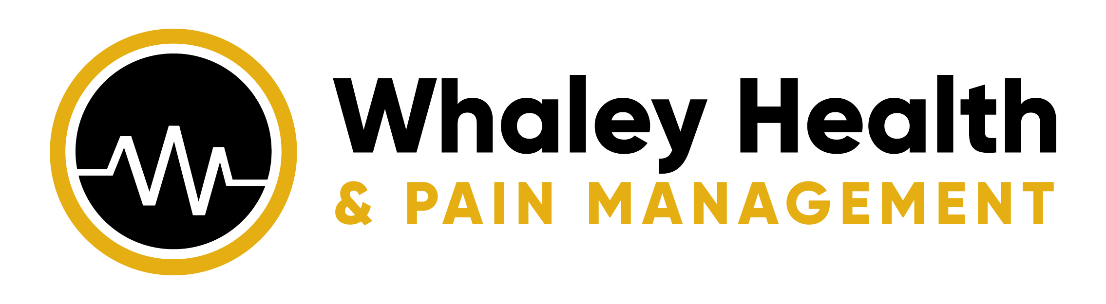 The image displays a logo with a bold, gold outline of a circle on the left. To the right of the circle, the words "WHALEY PAIN" are in large, gold, sans-serif font, with "& PAIN MANAGEMENT" in smaller gold text below it.