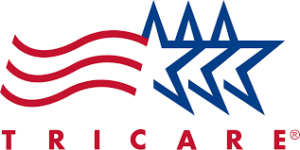 The image displays the TRICARE logo. It features three wavy red stripes on the left and three connected blue stars on the right, with the word "TRICARE" in red capital letters below, followed by a registered trademark symbol "®".