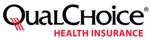 The image displays the QualChoice Health Insurance logo against a white background. The word "QualChoice" is written in a stylized black font, with three diagonal red lines intersecting the "Q," and the words "HEALTH INSURANCE" appear in red below.